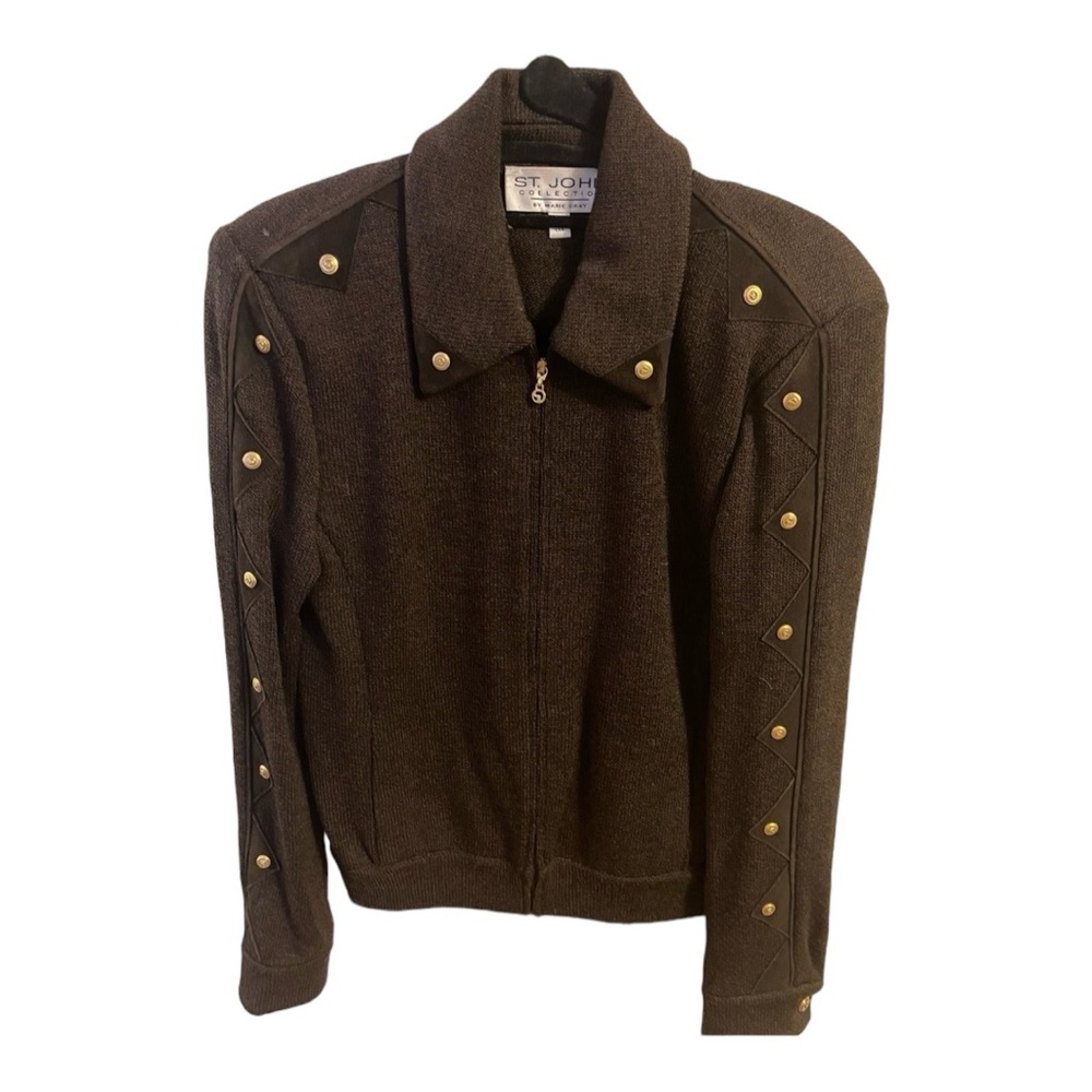 vintage st john collection front zip sweater ❤️leather & gold embellishments Y2K